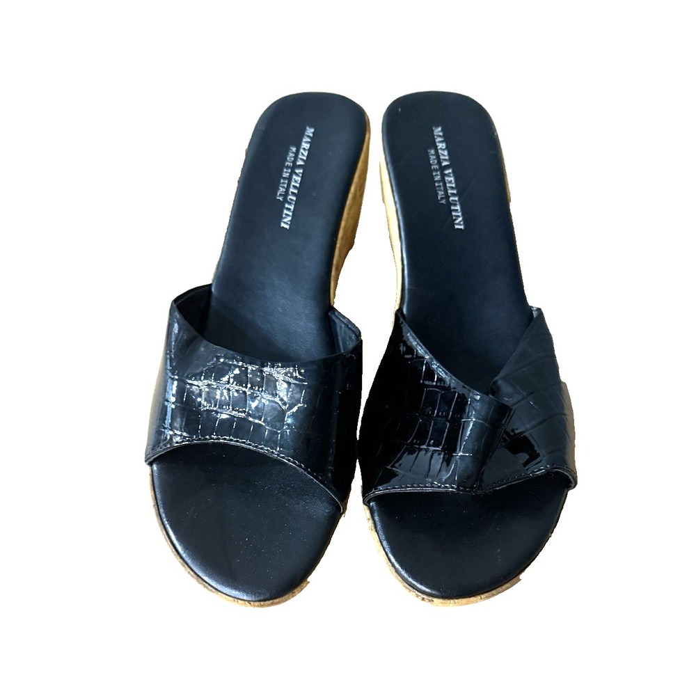 Marzia Vellutini Black Patent Leather Wedge Open Toe Sandals Shoes‎ Womens Sz 10